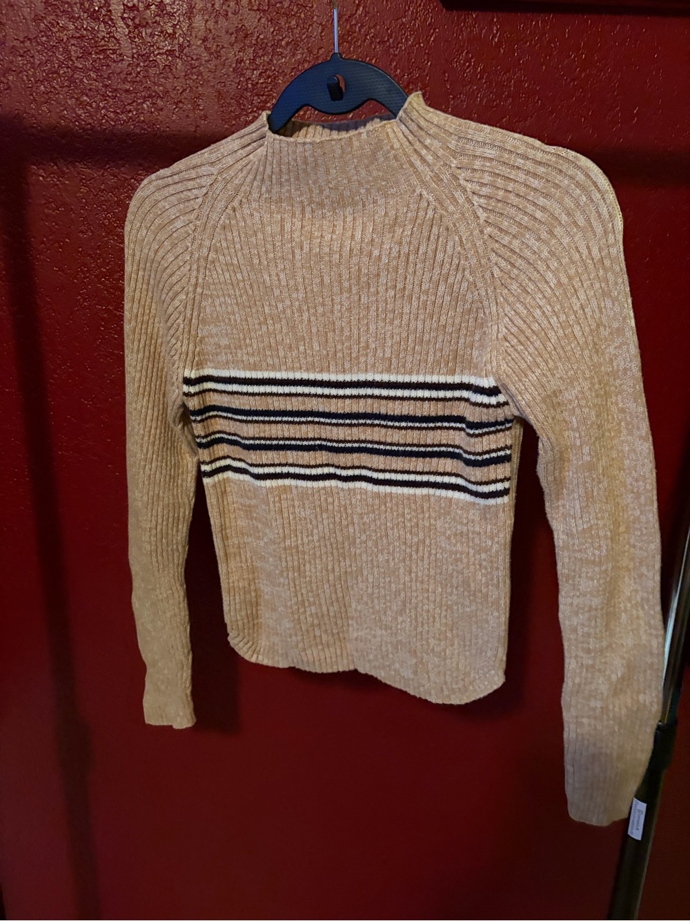 Striped Mock Neck Sweater in Brown & White Like New